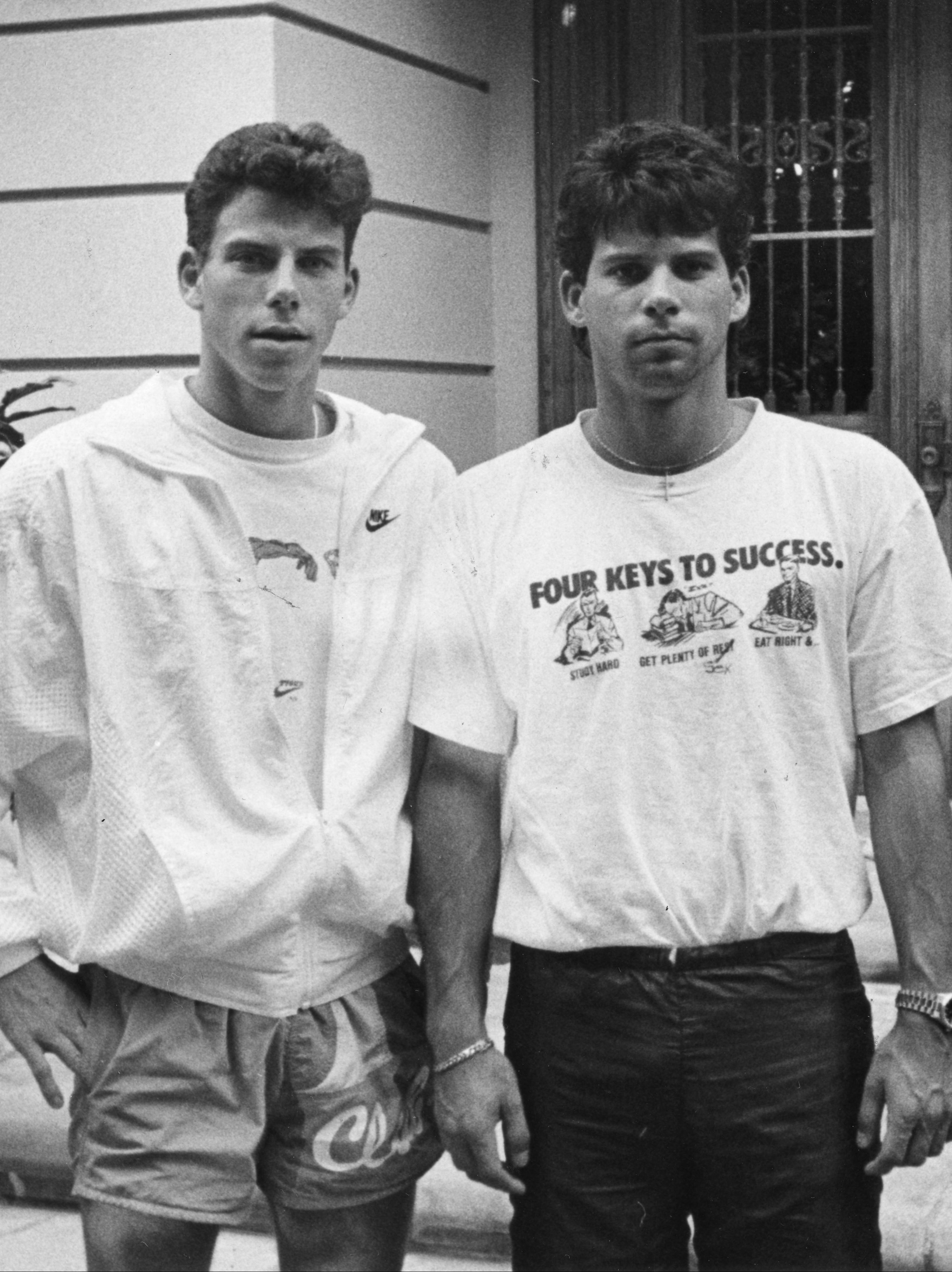 Erik Menendez, left, and is brother Lyle, in front of their Beverly Hills home. They are prime suspects in their parents murder.