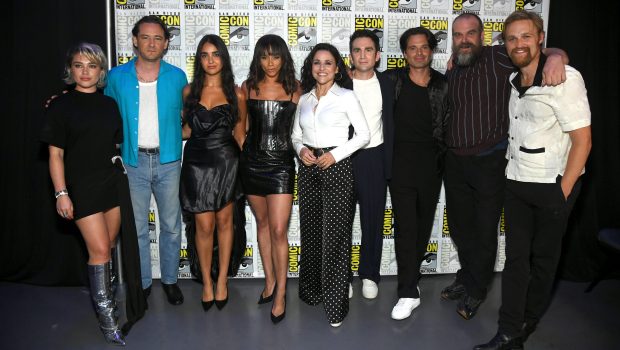 SAN DIEGO, CALIFORNIA - JULY 27: (L-R) Florence Pugh, Lewis Pullman, Geraldine Viswanathan, Hannah John-Kamen, Julia Louis-Dreyfus, Jake Schreier, Sebastian Stan, David Harbour and Wyatt Russell attend the Marvel Studios Panel in Hall H at SDCC in San Diego, California on July 27, 2024. (Photo by Alberto E. Rodriguez/Getty Images for Disney)