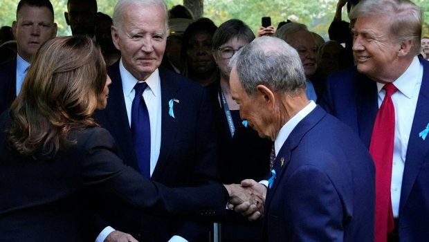 Kamala Harris shakes hands with Donald Trump