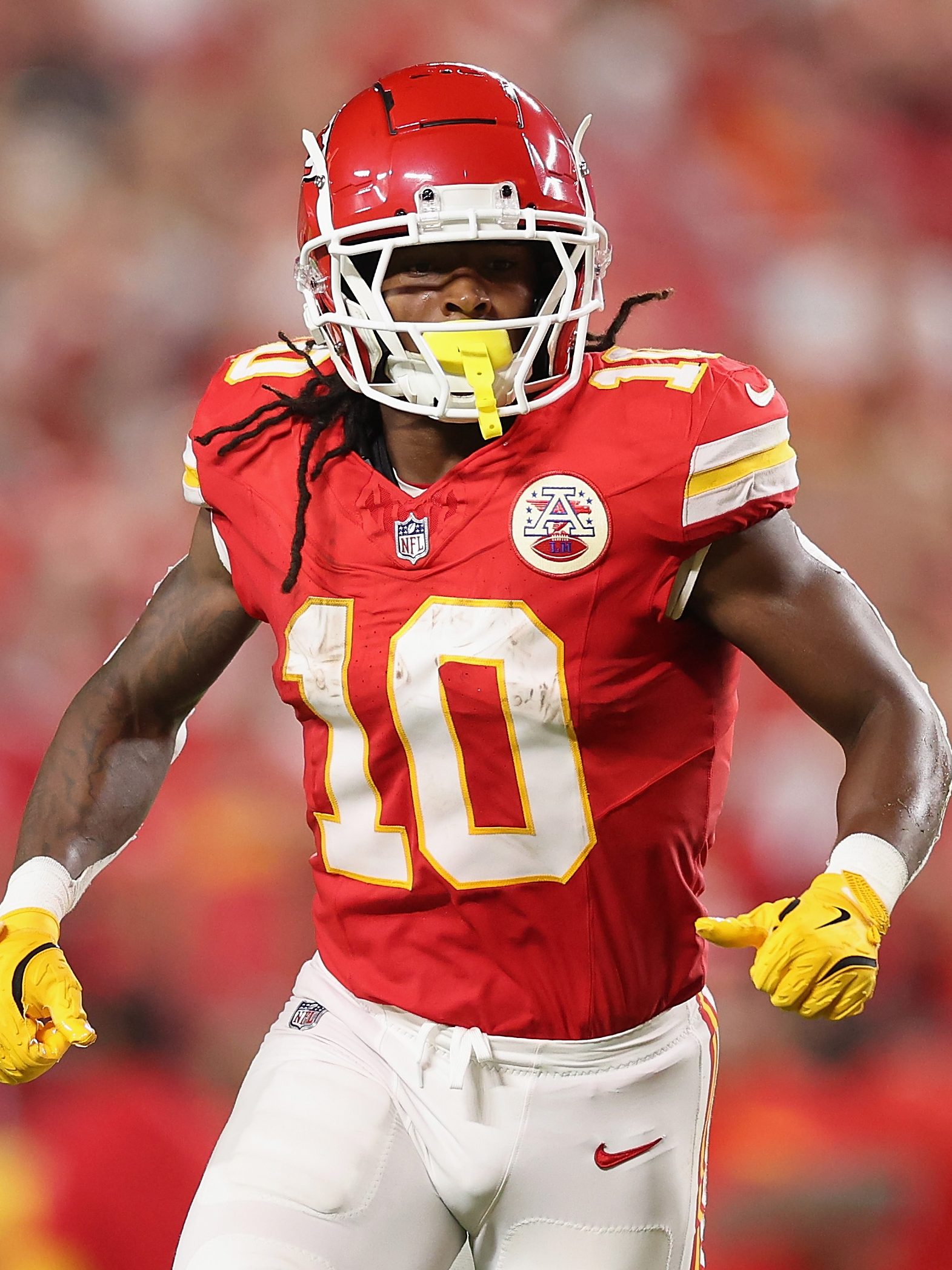 KANSAS CITY, MISSOURI - SEPTEMBER 05: Running back Isiah Pacheco #10 of the Kansas City Chiefs during the NFL game at GEHA Field at Arrowhead Stadium on September 05, 2024 in Kansas City, Missouri. The Chiefs defeated the Ravens 27-20.  (Photo by Christian Petersen/Getty Images)