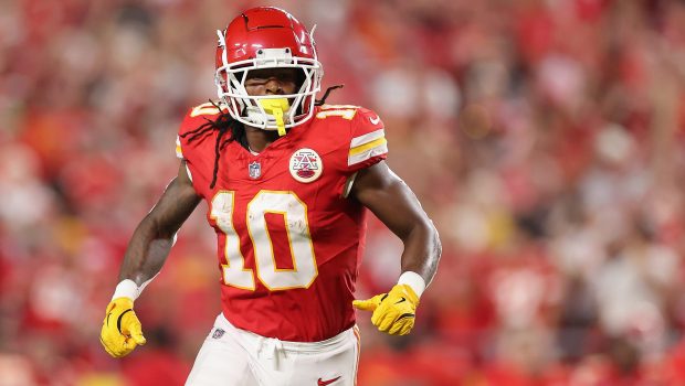 KANSAS CITY, MISSOURI - SEPTEMBER 05: Running back Isiah Pacheco #10 of the Kansas City Chiefs during the NFL game at GEHA Field at Arrowhead Stadium on September 05, 2024 in Kansas City, Missouri. The Chiefs defeated the Ravens 27-20.  (Photo by Christian Petersen/Getty Images)