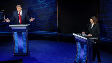 PHILADELPHIA, PENNSYLVANIA - SEPTEMBER 10: Republican presidential nominee, former U.S. President Donald Trump and Democratic presidential nominee, U.S. Vice President Kamala Harris debate for the first time during the presidential election campaign at The National Constitution Center on September 10, 2024 in Philadelphia, Pennsylvania. After earning the Democratic Party nomination following President Joe Biden's decision to leave the race, Harris faced off with Trump in what may be the only debate of the 2024 race for the White House. (Photo by Win McNamee/Getty Images)