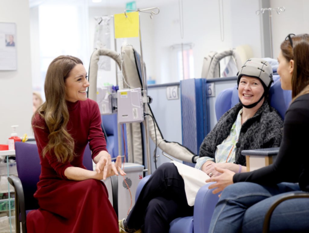 LONDON, ENGLAND - JANUARY 14: Catherine, Princess of Wales talks with Katherine Field during a visit to The Royal Marsden Hospital on January 14, 2025 in London, England. The Prince and Princess of Wales have today become Joint Patrons of The Royal Marsden NHS Foundation Trust following a visit by Her Royal Highness to the hospital’s Chelsea site. The Princess’ own personal cancer journey saw her receive treatment from The Royal Marsden. The Royal Marsden opened its doors in 1851 as the world’s first hospital dedicated to cancer diagnosis, treatment, research and education. (Photo by Chris Jackson/Getty Images)