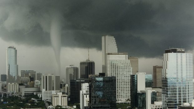 302085 01: The Funnel Of A Tornado Touches Down May 12, 1997 In Miami, Fl. Five People Were Injured And Approximately Twenty Thousand Residents Lost Power When The Storm Struck Downtown Miami. (Photo By Miami Herald/Getty Images)