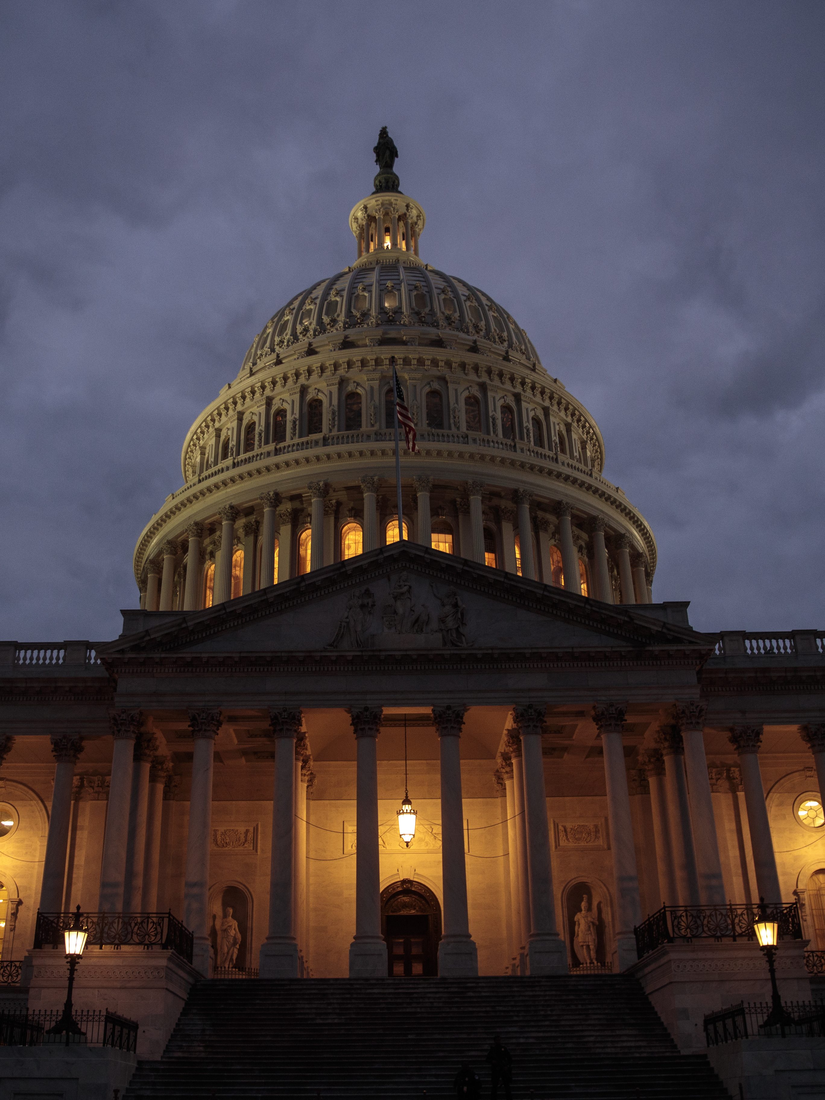 WASHINGTON, DC - JANUARY 21:  The U.S. Capitol is seen at dusk, January 21, 2018 in Washington, DC. Lawmakers are convening for a Sunday session to try to resolve the government shutdown. (Photo by Drew Angerer/Getty Images)