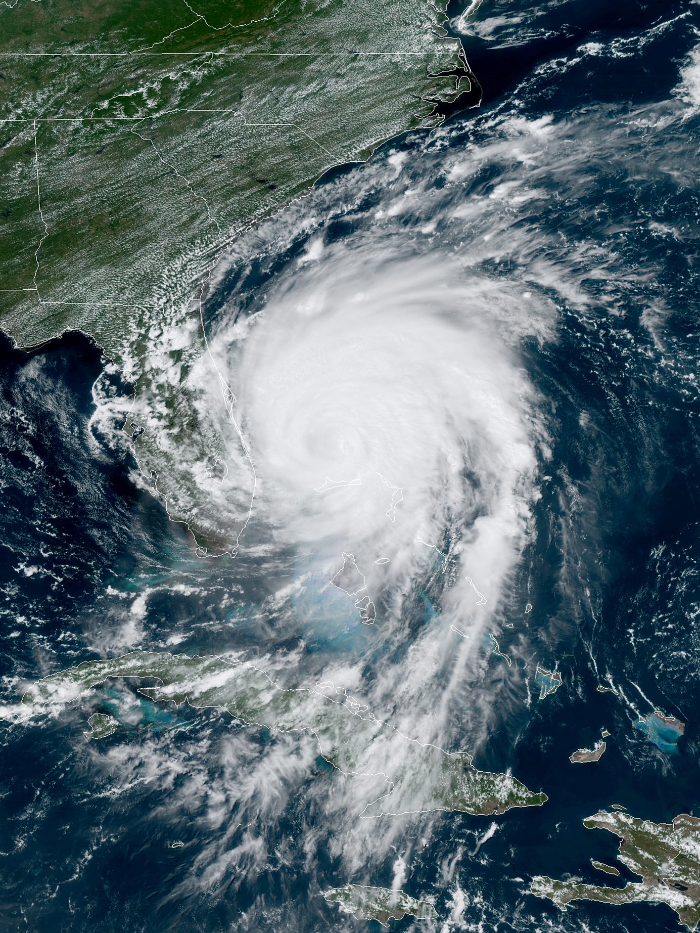 Hurricane Dorian, now a Cat. 2 storm, inches northwest away from the Bahamas on September 3, 2019 in the Atlantic Ocean. Dorian moved slowly past the Bahamas at times just 1 mph as it unleashed massive flooding and winds of 150 m.p.h. (Photo by NOAA via Getty Images)