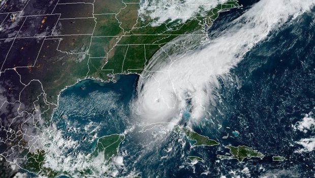 GULF OF MEXICO - SEPTEMBER 28:  In this NOAA handout image taken by the GOES satellite at 13:26 UTC, Hurricane Ian moves toward Florida on September 28, 2022 in the Gulf of Mexico. The storm is expected to bring a potentially life-threatening storm surge and hurricane-force winds. (Photo by NOAA via Getty Images)