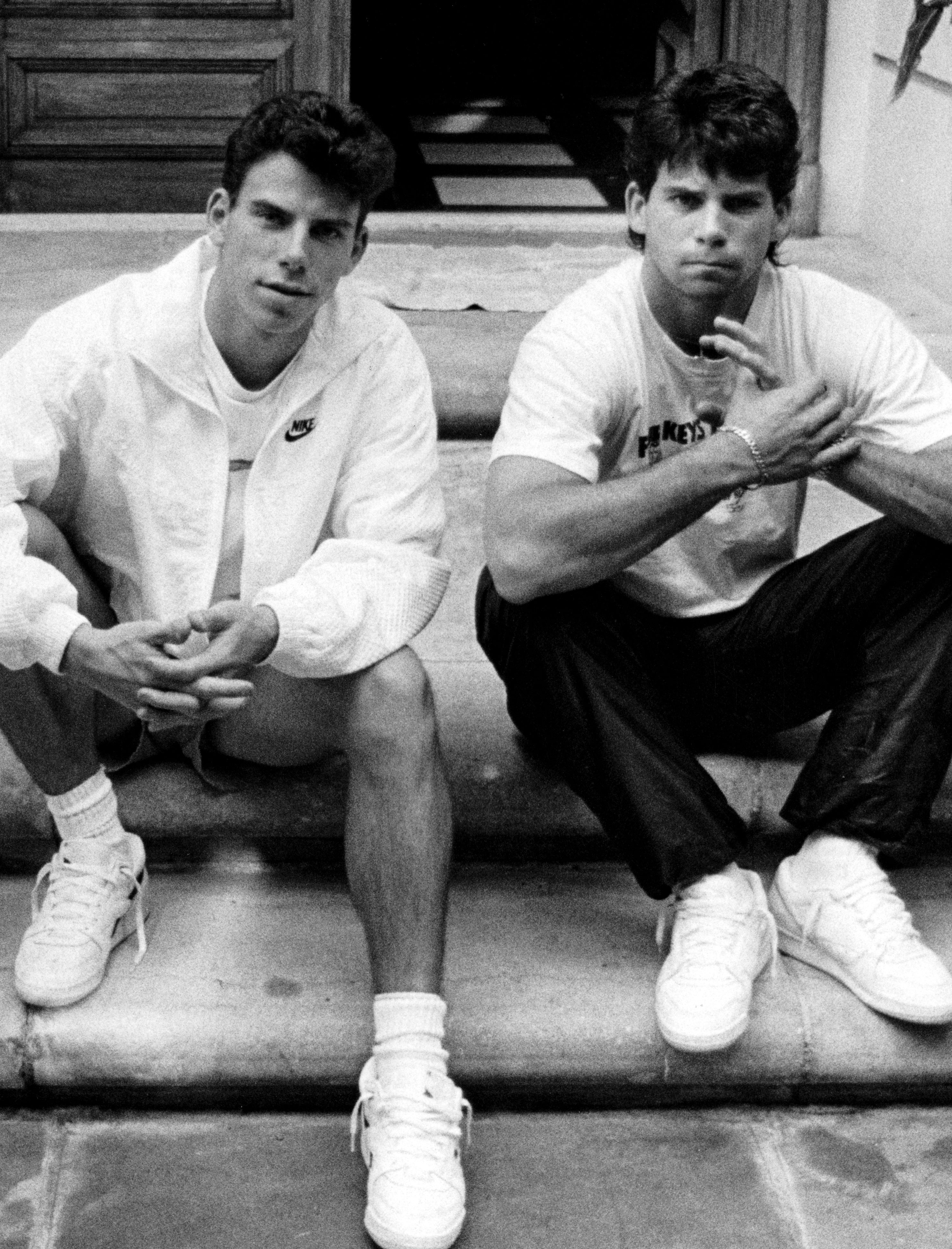 Menendez brothers, Erik, left, and Lyle on the steps of their Beverly Hills home in November, 1989. (Ronald L. Soble / Los Angeles Times via Getty Images)