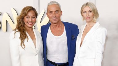 NEW YORK, NEW YORK - MAY 14: Carrie Ann Inaba, Bruno Tonioli, and Julianne Hough attend the 2024 Disney Upfront at Javits Center on May 14, 2024 in New York City. (Photo by Taylor Hill/WireImage)