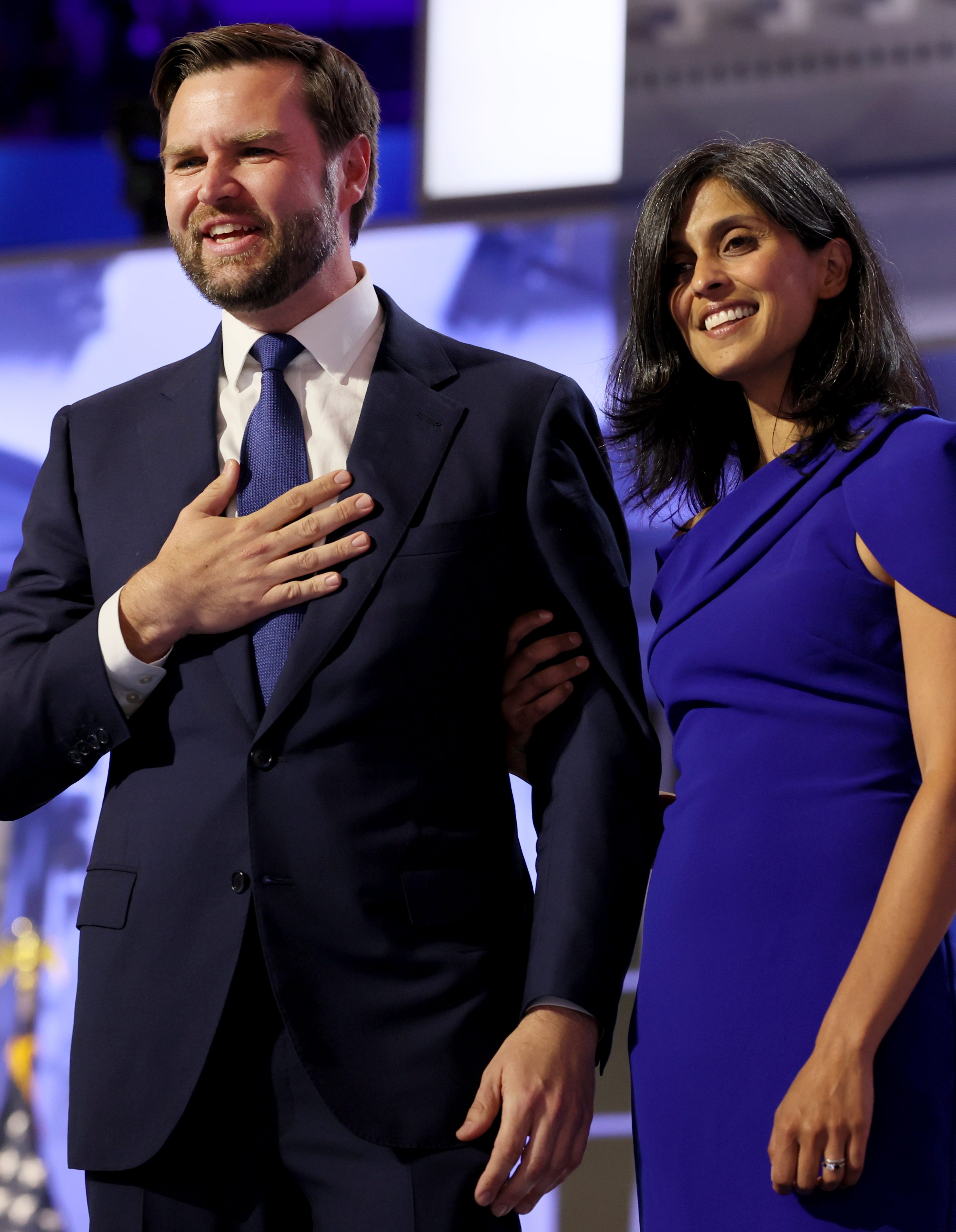 J.D. Vance and his wife Usha Chilukuri Vance during the Republican National Convention on Wednesday, July 17, 2024. Vance's mom Beverly back right. (Robert Gauthier / Los Angeles Times via Getty Images)
