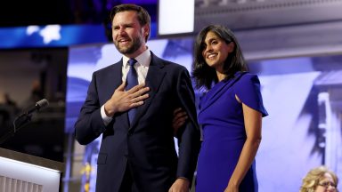 J.D. Vance and his wife Usha Chilukuri Vance during the Republican National Convention on Wednesday, July 17, 2024. Vance's mom Beverly back right. (Robert Gauthier / Los Angeles Times via Getty Images)