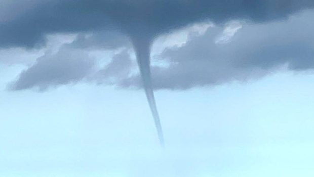 08 August 2024, Lower Saxony, Borkum: The photo taken by a fishing boat shows a suspected tornado off the North Sea island of Borkum. A suspected tornado has caused minor devastation on the beach of the North Sea island of Borkum. On Thursday, the tornado moved from the sea over a section of the west beach and on to the promenade, as can be seen in videos on the internet. Photo: Rolf Groenewold/dpa (Photo by Rolf Groenewold/picture alliance via Getty Images)