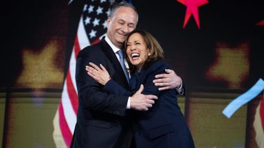 UNITED STATES - AUGUST 22: Vice President Kamala Harris, Democratic presidential nominee, and second gentleman Doug Emhoff celebrate on the final night of the Democratic National Convention at the United Center in Chicago, Ill., on Thursday, August 22, 2024. (Tom Williams/CQ-Roll Call, Inc via Getty Images)