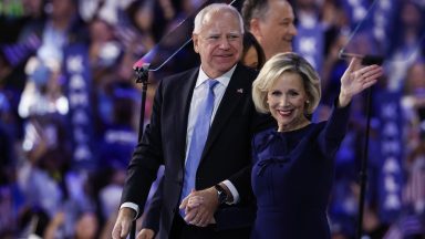 CHICAGO, ILLINOIS - AUGUST 22: Democratic vice presidential nominee Minnesota Gov. Tim Walz and Minnesota First Lady Gwen Walz celebrate during the final day of the Democratic National Convention at the United Center on August 22, 2024 in Chicago, Illinois. Delegates, politicians, and Democratic Party supporters are gathering in Chicago, as current Vice President Kamala Harris is named her party's presidential nominee. The DNC takes place from August 19-22. (Photo by Kevin Dietsch/Getty Images)