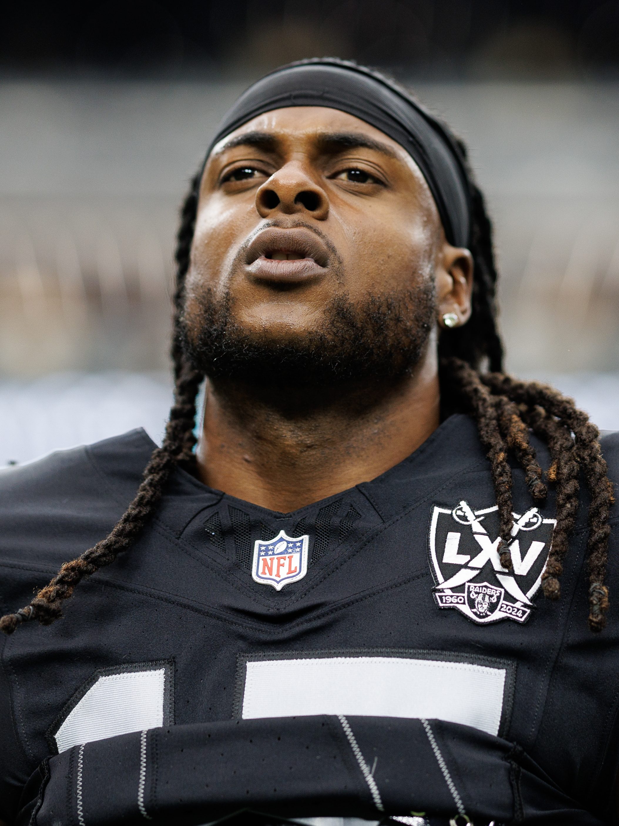 LAS VEGAS, NEVADA - SEPTEMBER 22: Wide receiver Davante Adams #17 of the Las Vegas Raiders stretches prior to an NFL football game against the Carolina Panthers, at Allegiant Stadium on September 22, 2024 in Las Vegas, Nevada. (Photo by Brooke Sutton/Getty Images)