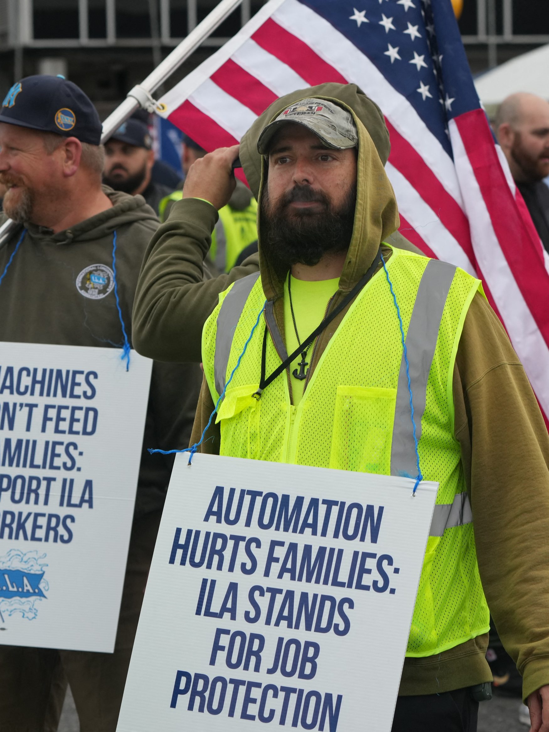 Dockworkers at the Maher Terminals in Port Newark are on strike on October 1, 2024 in New Jersey. Officials at 14 ports along the US East and Gulf Coasts were making last-minute preparations on September 30 for a likely labor strike that could drag on the US economy just ahead of a presidential election -- despite last-minute talks. (Photo by Bryan R. SMITH / AFP) (Photo by BRYAN R. SMITH/AFP via Getty Images)