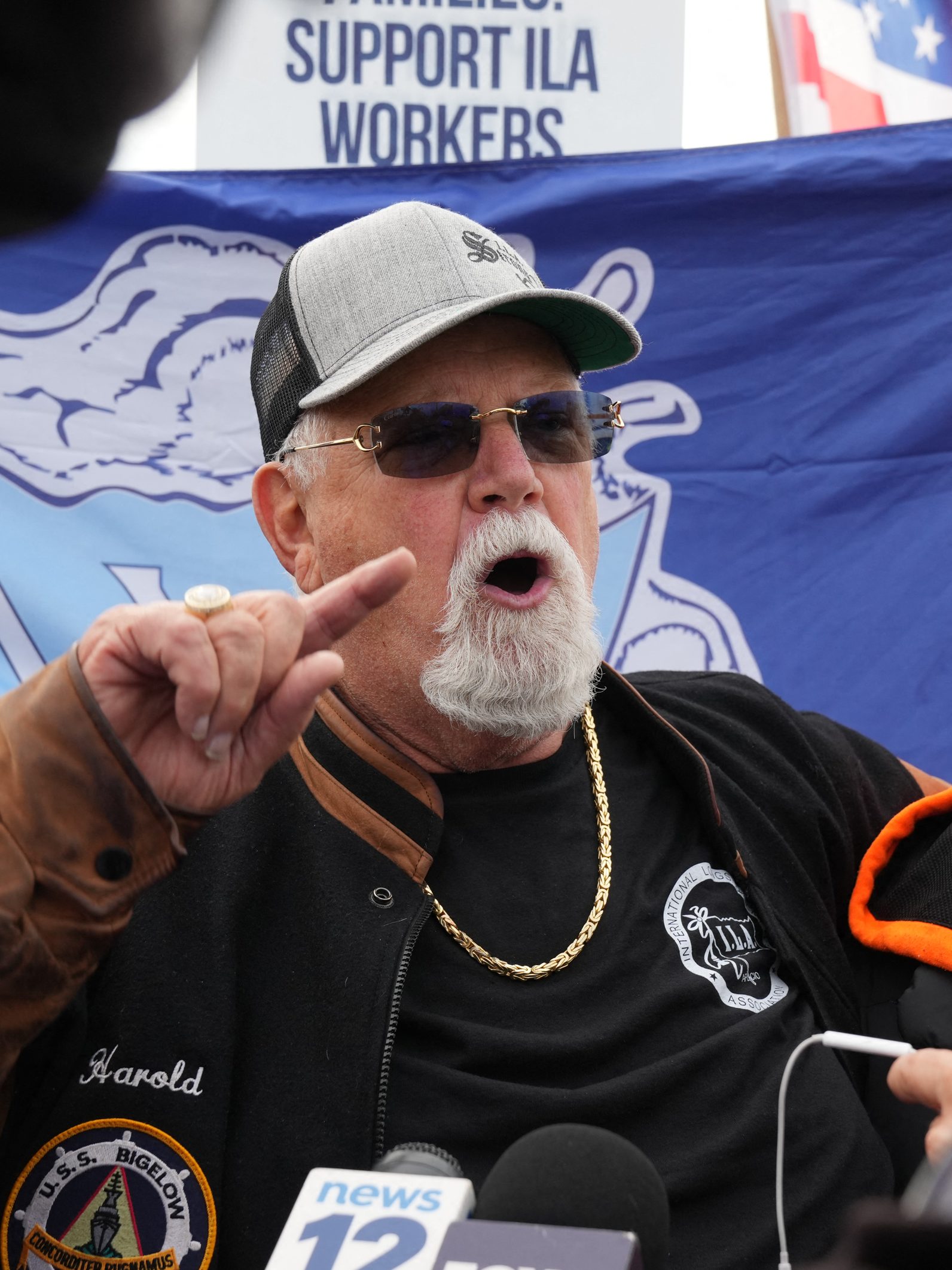 Harold J. Daggett, president of the International Longshoremen's Association speaks as dockworkers at the Maher Terminals in Port Newark are on strike on October 1, 2024 in New Jersey. Officials at 14 ports along the US East and Gulf Coasts were making last-minute preparations on September 30 for a likely labor strike that could drag on the US economy just ahead of a presidential election -- despite last-minute talks. (Photo by Bryan R. SMITH / AFP) (Photo by BRYAN R. SMITH/AFP via Getty Images)