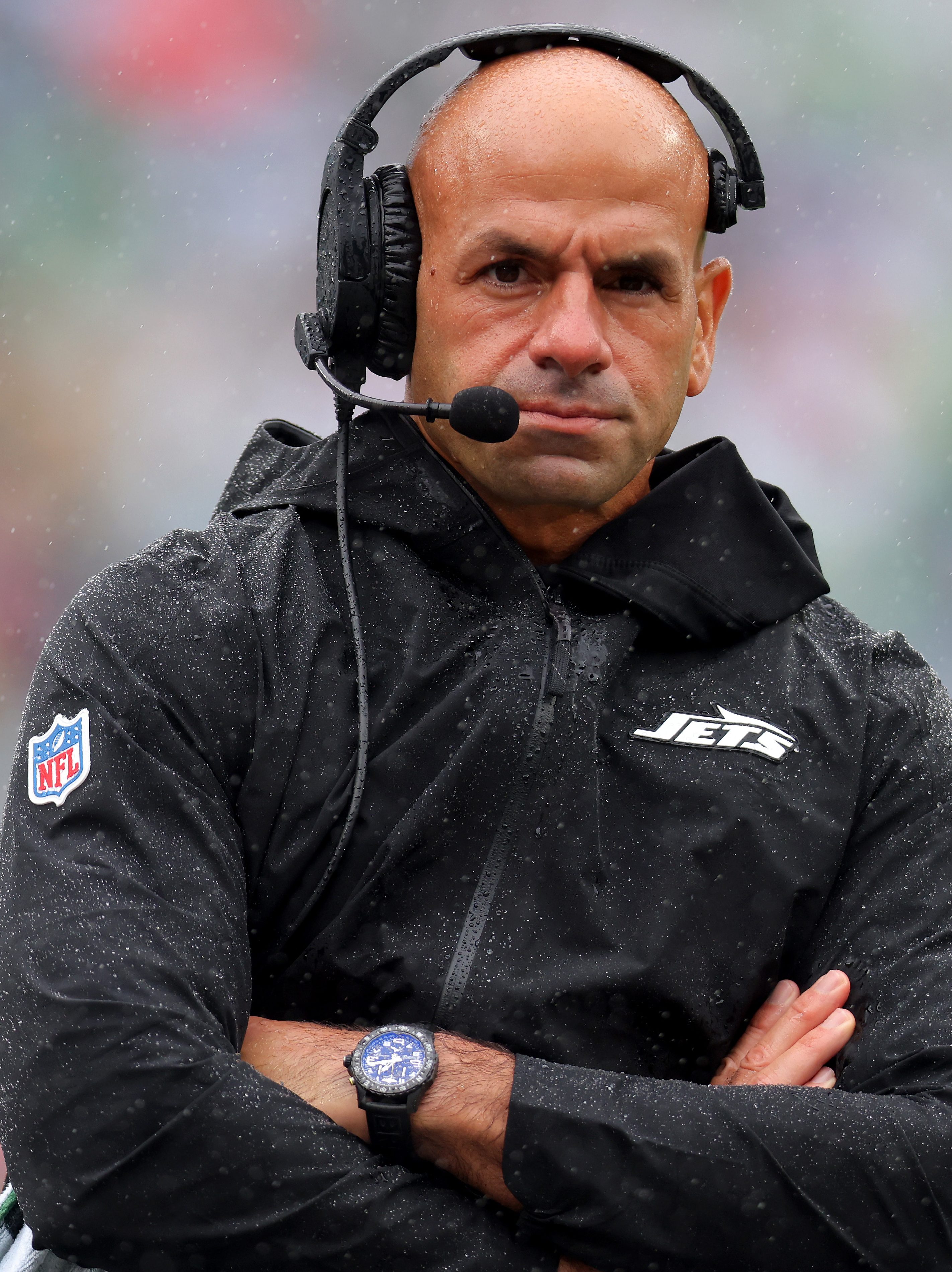 EAST RUTHERFORD, NEW JERSEY - SEPTEMBER 29: Head coach Robert Saleh of the New York Jets looks on against the Denver Broncos during the first half at MetLife Stadium on September 29, 2024 in East Rutherford, New Jersey. (Photo by Mike Stobe/Getty Images)