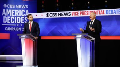 NEW YORK - OCTOBER 01: Republican vice presidential candidate, Sen. JD Vance (R-OH), and Democratic vice presidential candidate, Minnesota Gov. Tim Walz, participate in a debate at the CBS Broadcast Center on October 1, 2024 in New York City. This is expected to be the only vice presidential debate of the 2024 general election. (Photo by Chip Somodevilla/Getty Images)