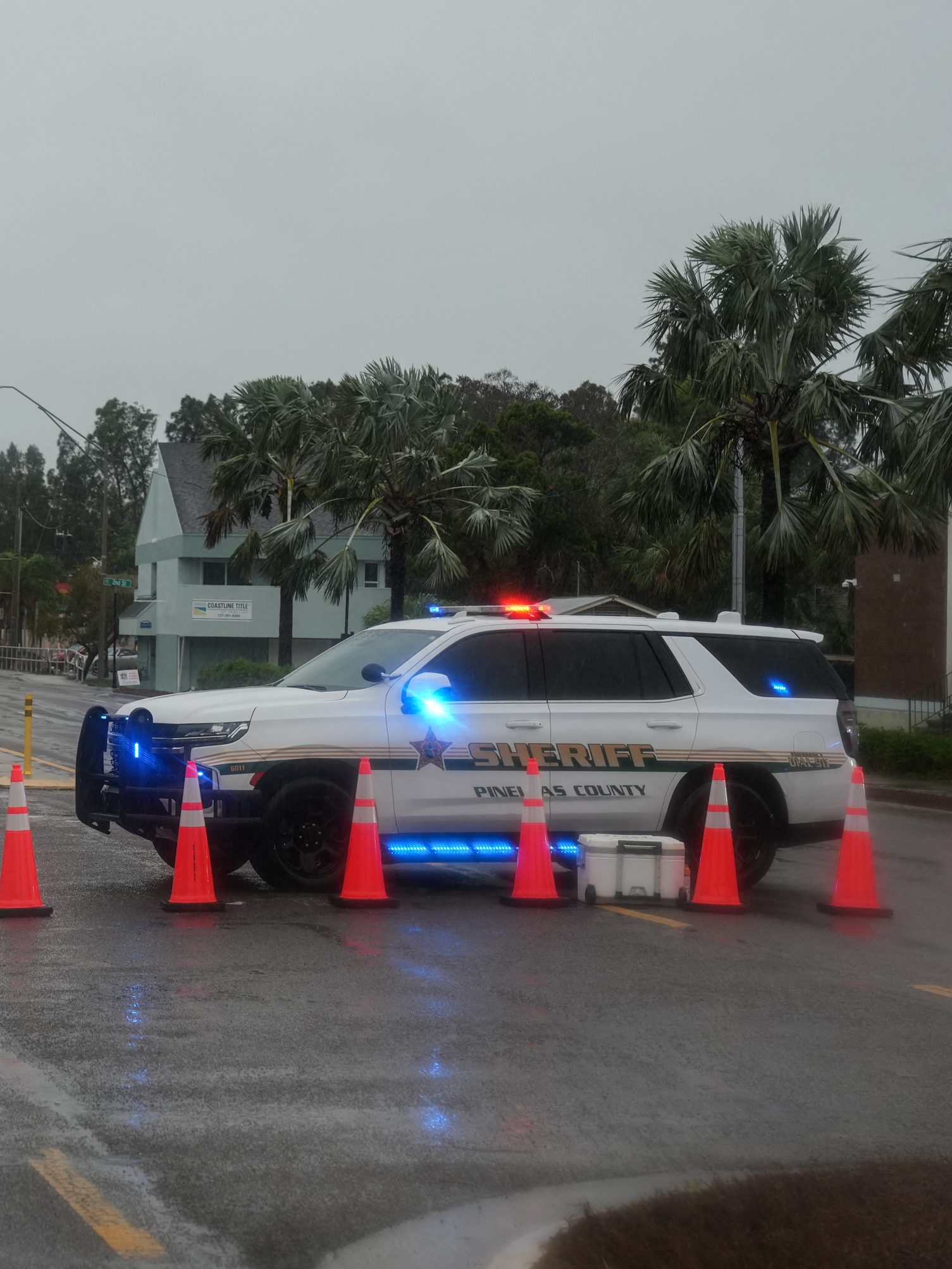 A crossing from Largo to Indian Rocks Beach on the Gulf of Mexico is closed Hurricane Milton's expected landfall tonight on October 9, 2024 in Florida. Milton regained power on October 8 to become a Category 5 storm with maximum sustained winds of 165 mph (270 kph) as it barrels towards the west-central coast of Florida and is forecast to make landfall late October 9, according to the National Hurricane Center. (Photo by Bryan R. SMITH / AFP) (Photo by BRYAN R. SMITH/AFP via Getty Images)
