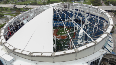 Tropicana Field's roof ripped off by Hurricane Milton.