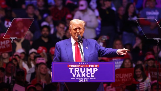 NEW YORK, NEW YORK - OCTOBER 27: Republican presidential nominee, former U.S. President Donald Trump speaks at a campaign rally at Madison Square Garden on October 27, 2024 in New York City. Trump closed out his weekend of campaigning in New York City with a guest list of speakers that includes his running mate Republican Vice Presidential nominee, U.S. Sen. J.D. Vance (R-OH), Tesla CEO Elon Musk, UFC CEO Dana White, and House Speaker Mike Johnson, among others, nine days before Election Day. (Photo by Michael M. Santiago/Getty Images)