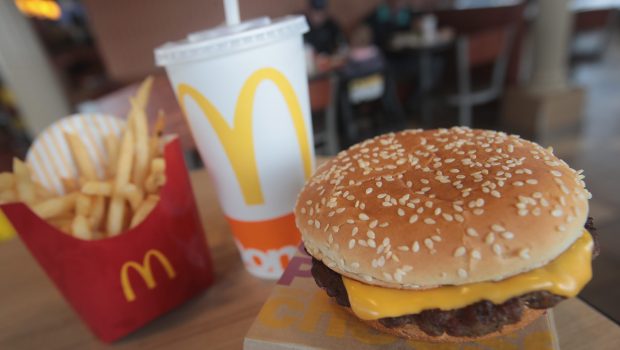 EFFINGHAM, IL - MARCH 30:  A Quarter Pounder hamburger is served at a McDonald's restaurant on March 30, 2017 in Effingham, Illinois. McDonald's announced today that it will start making the burger with fresh beef patties instead of the frozen beef that it currently uses.  (Photo Illustration by Scott Olson/Getty Images)