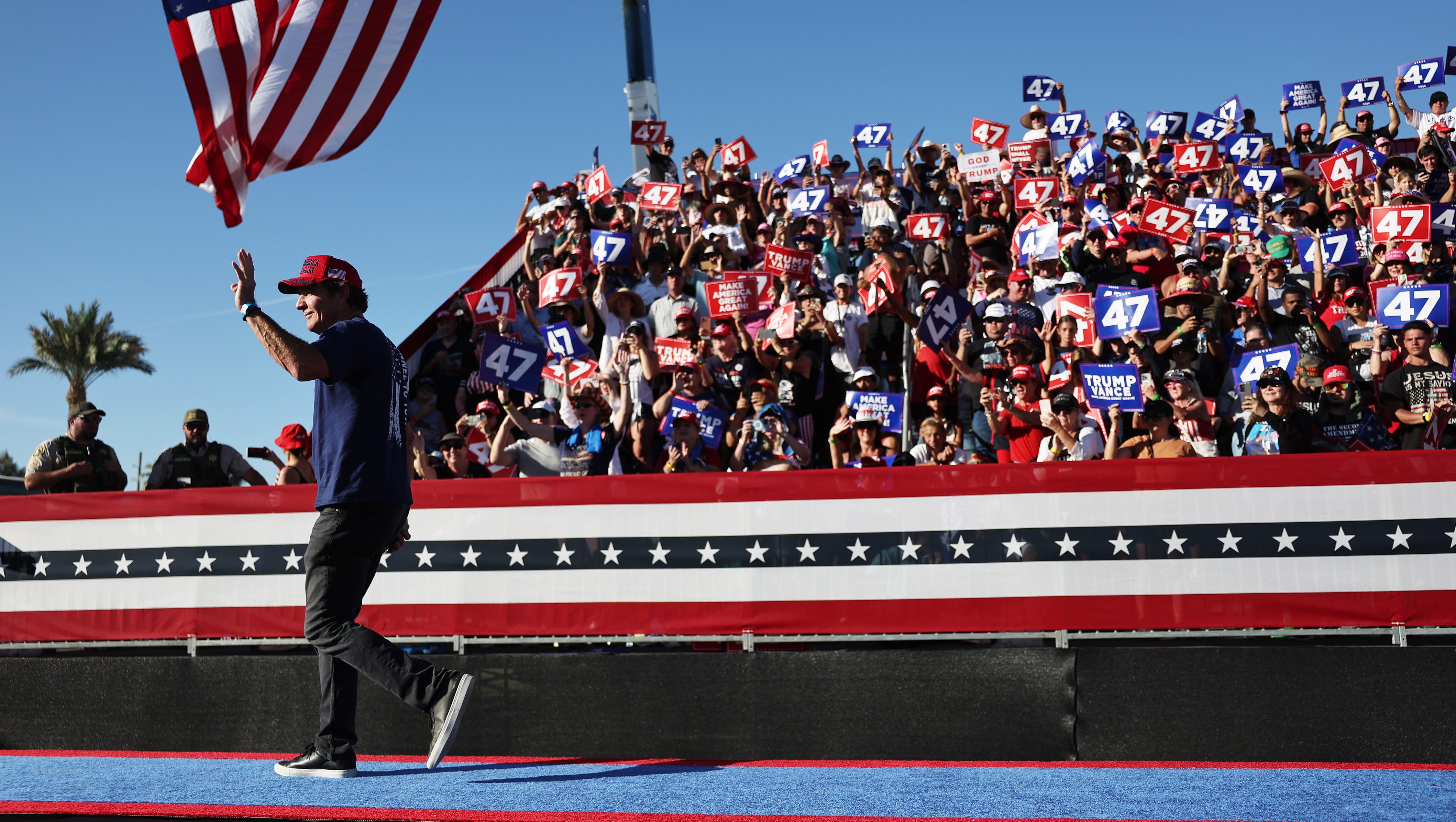 COACHELLA, CALIFORNIA - OCTOBER 12: Actor Dennis Quaid walks offstage after speaking at a campaign rally for Republican presidential nominee, former U.S. President Donald Trump on October 12, 2024 in Coachella, California. With 24 days to go until election day, former President Donald Trump is detouring from swing states to hold the rally in Democratic presidential nominee, Vice President Kamala Harris' home state. (Photo by Mario Tama/Getty Images)