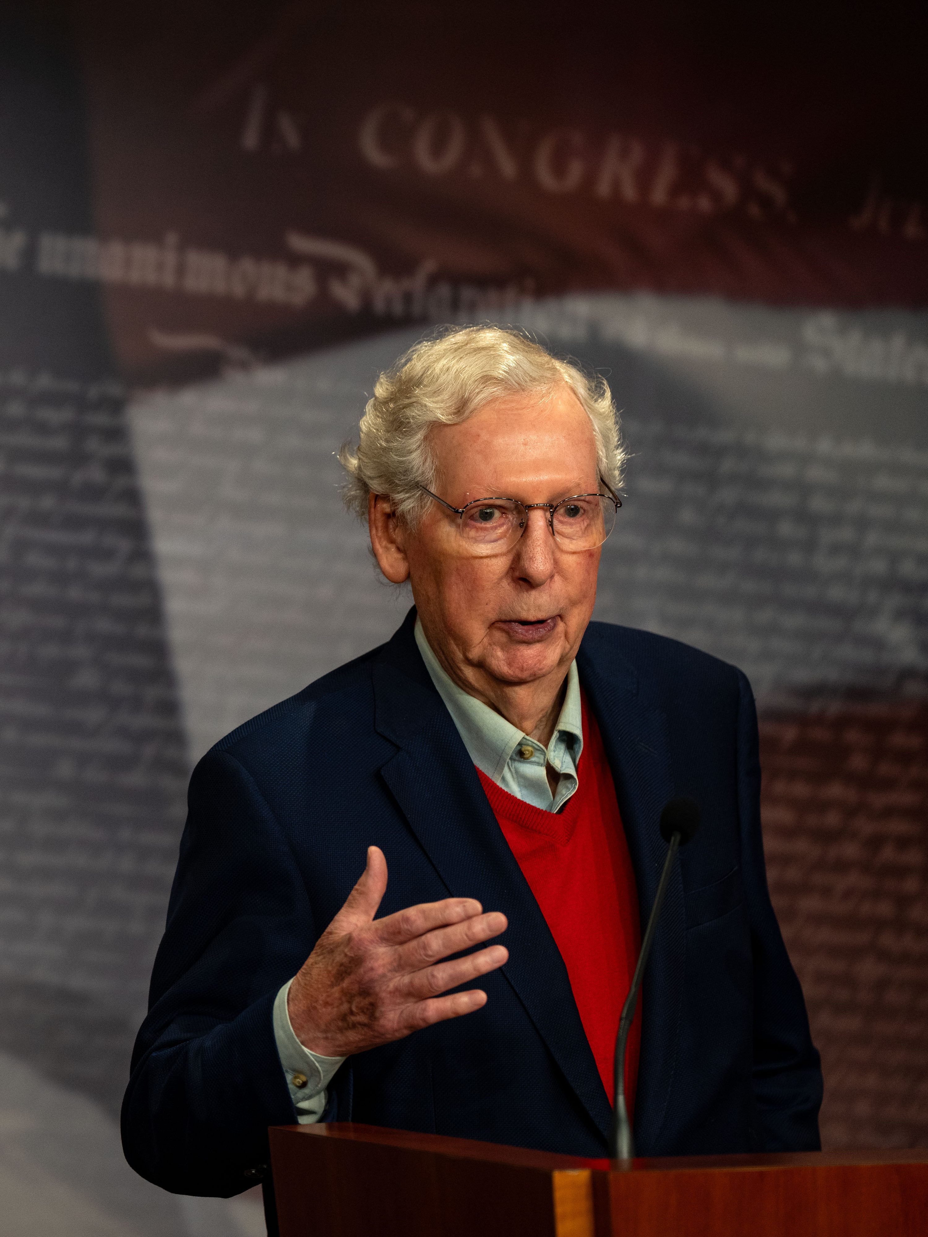 WASHINGTON, DC - NOVEMBER 06:  Sen. Mitch McConnell (R-KY) speaks during a news conference at the U.S. Capitol on November 06, 2024 in Washington, DC. McConnell, who has served as a Senator from Kentucky since 1985 and is the longest serving senator in his state's history, spoke about the Republican Party taking the Senate majority and his plans for the upcoming congress. (Kent Nishimura/Getty Images)