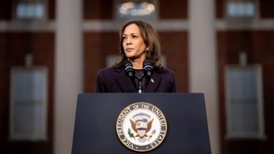 WASHINGTON, DC - NOVEMBER 06: Democratic presidential nominee, U.S. Vice President Kamala Harris pauses while speaking on stage as she concedes the election, at Howard University on November 06, 2024 in Washington, DC. After a contentious campaign focused on key battleground states, the Republican presidential nominee, former U.S. President Donald Trump was projected to secure the majority of electoral votes, giving him a second term as U.S. President. Republicans also secured control of the Senate for the first time in four years. (Photo by Andrew Harnik/Getty Images)