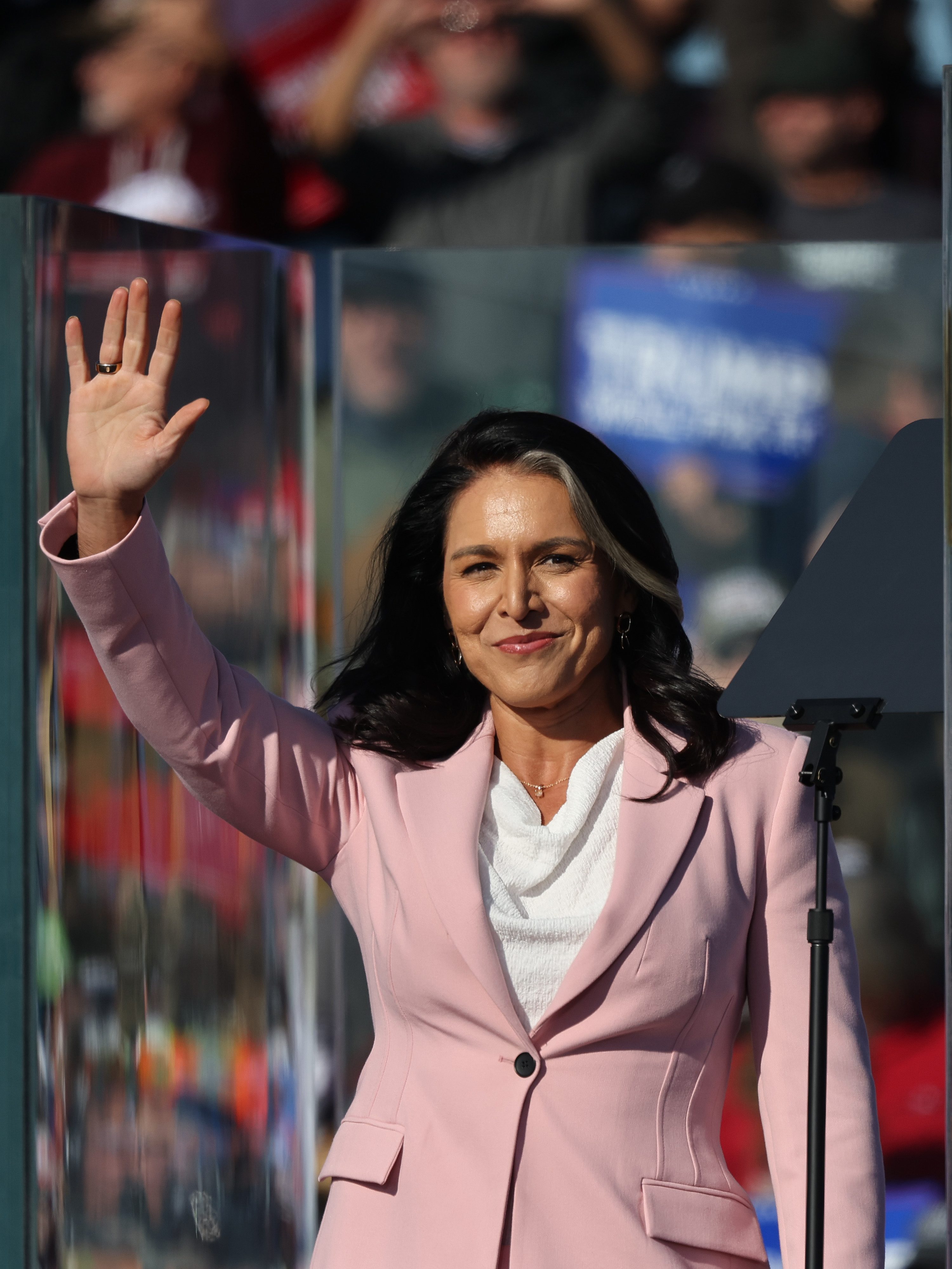 LITITZ, PENNSYLVANIA - NOVEMBER 03: Former Rep. Tulsi Gabbard (R-HI) takes the stage during a Republican presidential nominee, former U.S. President Donald Trump campaign rally at Lancaster Airport on November 03, 2024 in Lititz, Pennsylvania. Trump begins his day campaigning in battleground state of Pennsylvania, where 19 electoral votes up for grabs, where a recent New York Times and Siena College polls show a tie with Democratic presidential nominee, U.S. Vice President Kamala Harris. Trump will head to North Carolina and Georgia where Harris continues to lead in the polls.  (Photo by Michael M. Santiago/Getty Images)