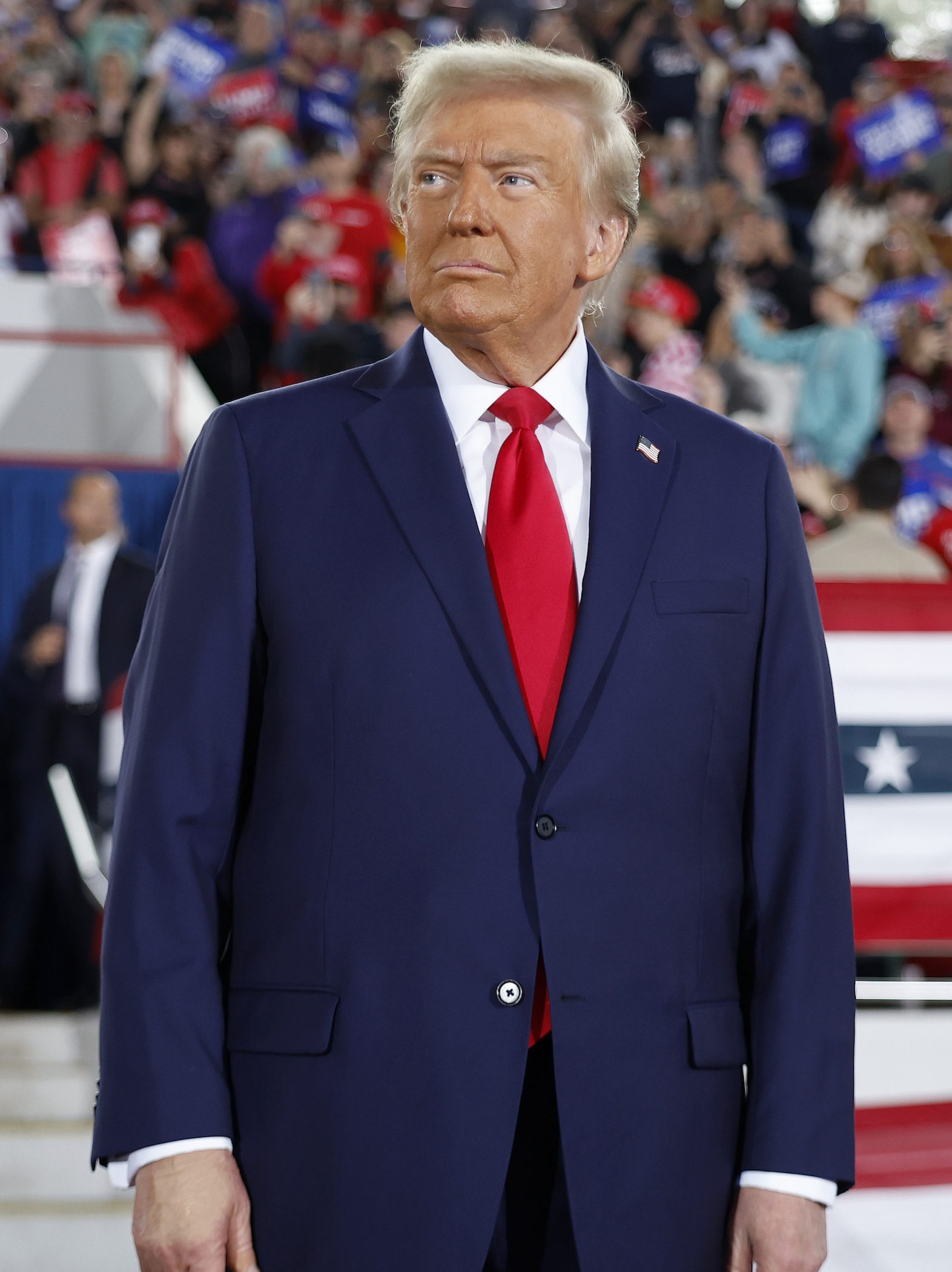 RALEIGH, NORTH CAROLINA - NOVEMBER 04: Republican presidential nominee, former U.S. President Donald Trump takes the stage during a campaign rally at the J.S. Dorton Arena on November 04, 2024 in Raleigh, North Carolina. With one day left before the general election, Trump is campaigning for re-election in the battleground states of North Carolina, Pennsylvania and Michigan. (Photo by Chip Somodevilla/Getty Images)
