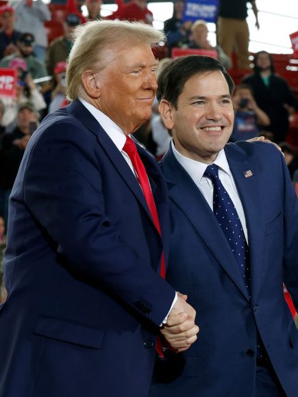RALEIGH, NORTH CAROLINA - NOVEMBER 04:  Republican presidential nominee, former U.S. President Donald Trump appears stage with U.S. Sen. Marco Rubio (R-FL) (R) and Arkansas Gov. Sarah Huckabee Sanders during a campaign rally at the J.S. Dorton Arena on November 04, 2024 in Raleigh, North Carolina. With one day left before the general election, Trump is campaigning for re-election in the battleground states of North Carolina, Pennsylvania and Michigan.  (Photo by Chip Somodevilla/Getty Images)