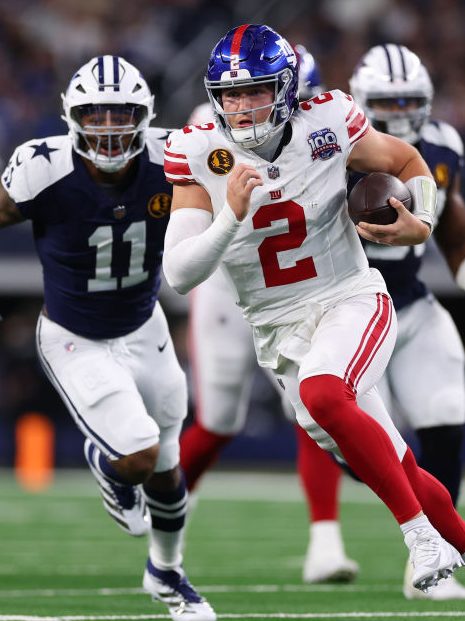 ARLINGTON, TEXAS - NOVEMBER 28: Drew Lock #2 of the New York Giants runs the ball during the first quarter against the Dallas Cowboys at AT&T Stadium on November 28, 2024 in Arlington, Texas. (Photo by Sam Hodde/Getty Images)