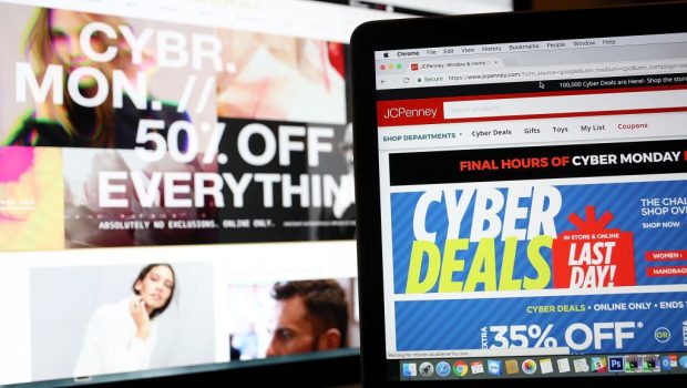 SAN ANSELMO, CA - NOVEMBER 27:   In this photo illustration, an ad seen on the JCPenney website for a Cyber Monday sale is displayed on laptop computers on November 27, 2017 in San Anselmo, California. Cyber Monday will likely be the biggest shopping day in U.S. e-commerce history with an expected $6.6 billion in sales. (Photo Illustration by Justin Sullivan/Getty Images)