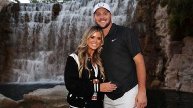 LAS VEGAS, NEVADA - JUNE 01: Josh Allen and Brittany Williams pose during Capital One's The Match VI - Brady & Rodgers v Allen & Mahomes at Wynn Golf Club on June 01, 2022 in Las Vegas, Nevada. (Photo by Carmen Mandato/Getty Images for The Match)