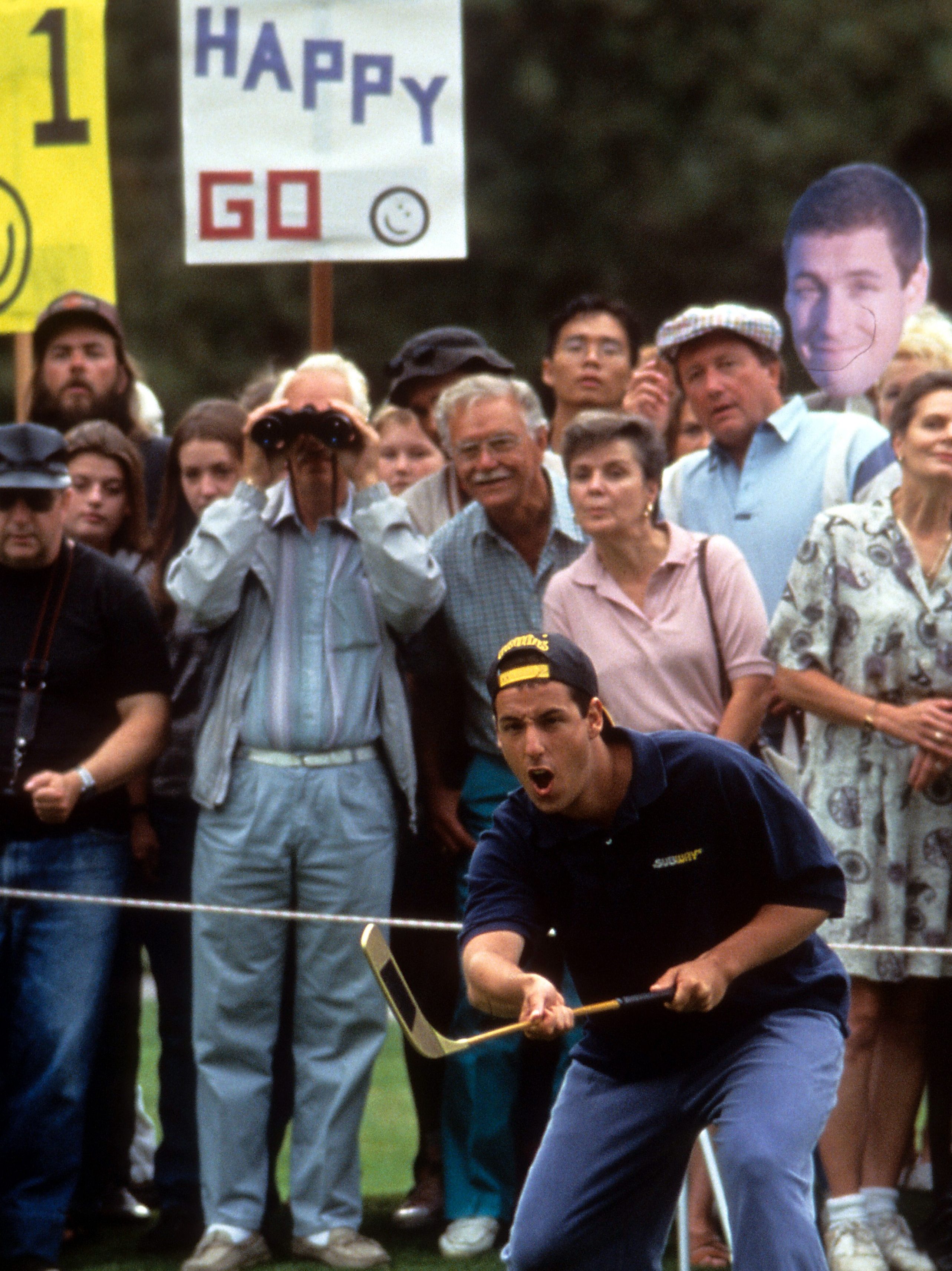 Adam Sandler plays golf in a scene from the film 'Happy Gilmore', 1996. (Photo by Universal/Getty Images)
