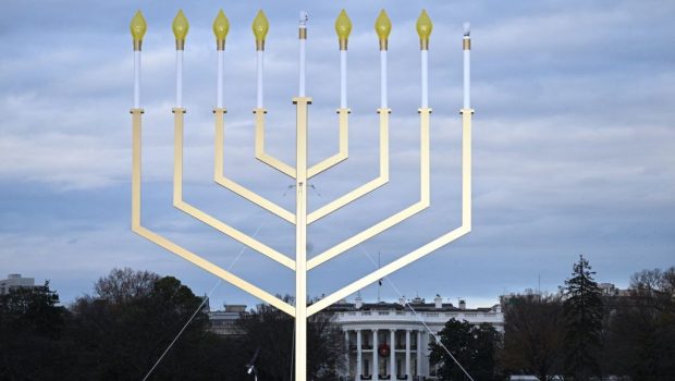 TOPSHOT - View of the Annual National Menorah Lighting ceremony, at the Ellipse of the White House in Washington, DC, on December 7, 2023. (Photo by Brendan SMIALOWSKI / AFP) (Photo by BRENDAN SMIALOWSKI/AFP via Getty Images)