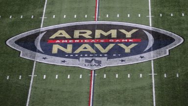 FOXBOROUGH, MA - DECEMBER 09: General view of the Arm/Navy logo prior to the during the 124th Army-Navy football game on December 9, 2023, at Gillette Stadium in Foxborough, MA. (Photo by M. Anthony Nesmith/Icon Sportswire via Getty Images)