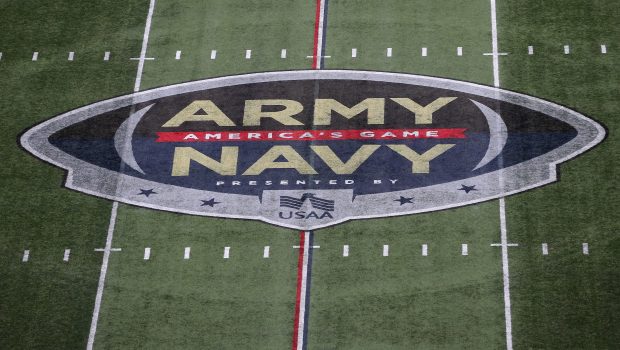 FOXBOROUGH, MA - DECEMBER 09: General view of the Arm/Navy logo prior to the during the 124th Army-Navy football game on December 9, 2023, at Gillette Stadium in Foxborough, MA. (Photo by M. Anthony Nesmith/Icon Sportswire via Getty Images)