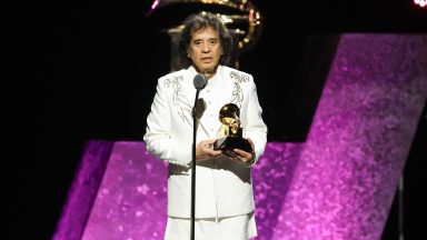 Zakir Hussain, Edgar Meyer and Rakesh Chaurasia accept the "Global Music Performance" award for "Pashto" at the 66th Annual GRAMMY Awards Premiere Ceremony held at Peacock Theater on February 4, 2024 in Los Angeles, California. (Photo by Rich Polk/Billboard via Getty Images)