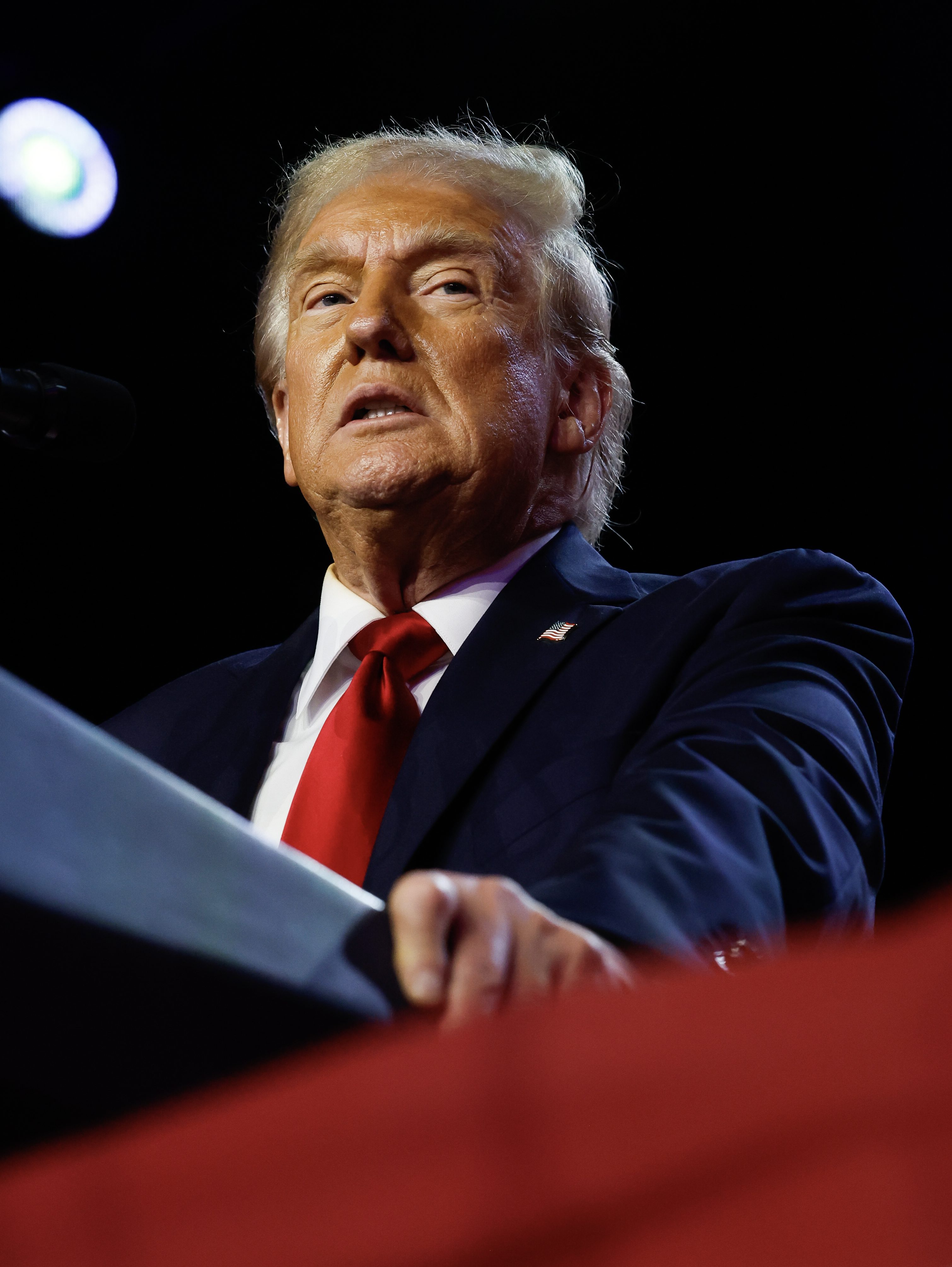 WEST PALM BEACH, FLORIDA - NOVEMBER 06:  Republican presidential nominee, former U.S. President Donald Trump speaks during an election night event at the Palm Beach Convention Center on November 06, 2024 in West Palm Beach, Florida. Americans cast their ballots today in the presidential race between Republican nominee former President Donald Trump and Vice President Kamala Harris, as well as multiple state elections that will determine the balance of power in Congress.   (Photo by Chip Somodevilla/Getty Images)