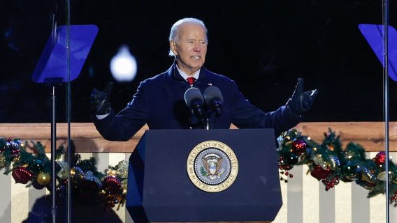 US President Joe Biden speaks during the National Christmas Tree Lighting at the Ellipse south of the White House in Washington, DC, on December 5, 2024. (Photo by amid farahi / AFP) (Photo by AMID FARAHI/AFP via Getty Images)