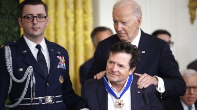 WASHINGTON, DC - JANUARY 4: Actor Michael J. Fox is awarded the Presidential Medal of Freedom by U.S. President Joe Biden in the East Room of the White House on January 4, 2025 in Washington, DC. President Biden is awarding 19 recipients with the nation's highest civilian honor. (Photo by Tom Brenner/Getty Images)